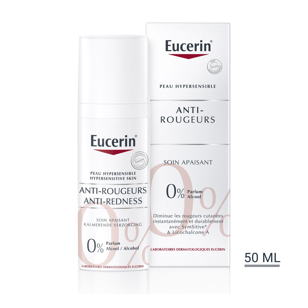 Eucerin AntiROUGEURS Creme mit Verpackung. Weiße Flasche und Schachtel mit roter und schwarzer Schrift.