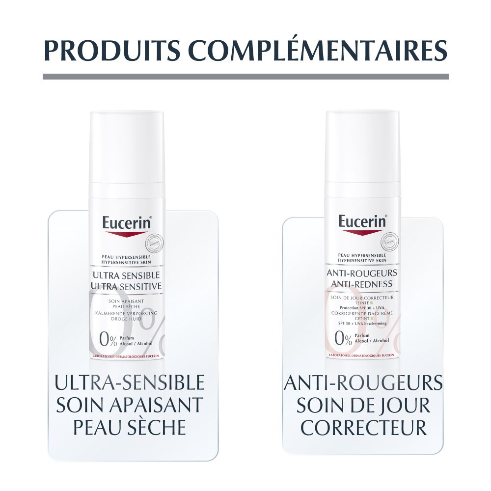 Zwei Eucerin Produkte. Links: Ultra-Sensible, rechts: Anti-Rougeurs. Beide mit weißer Verpackung.