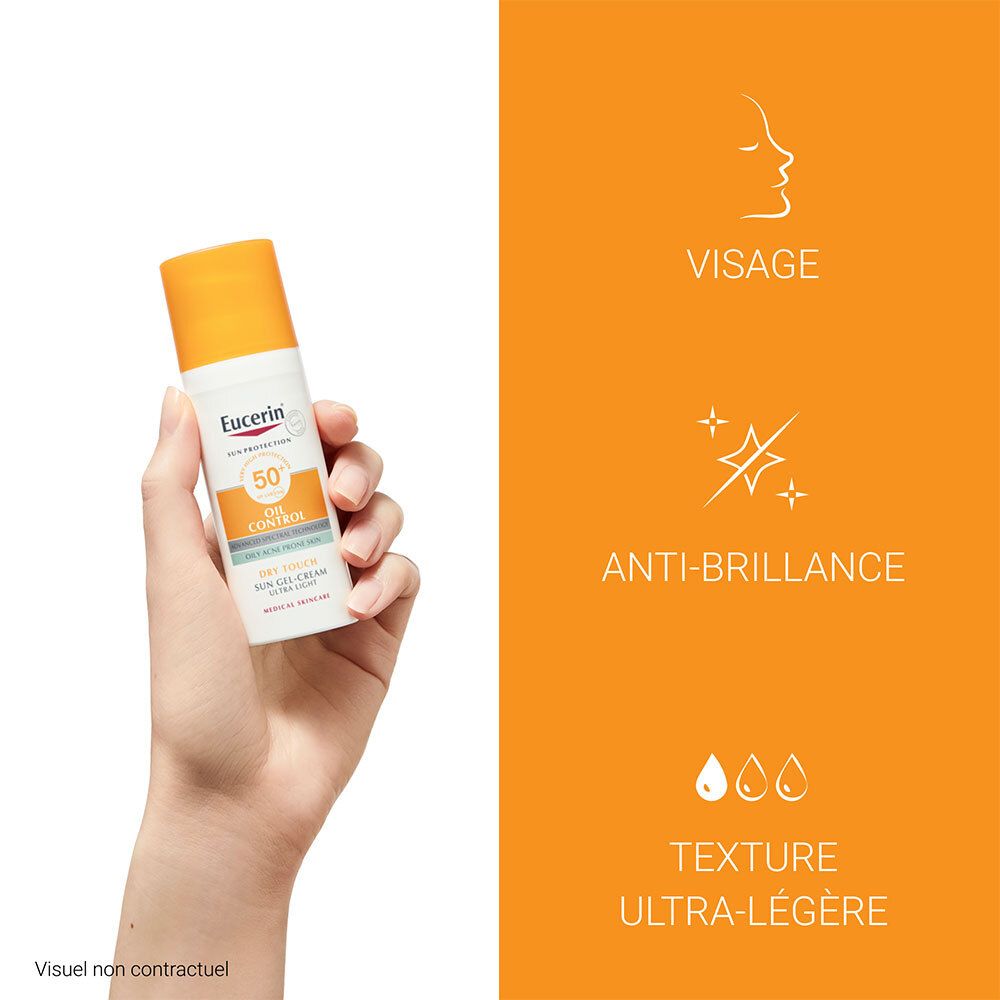 Main tenant Eucerin Sonnenschutz Dry Touch Crème-Gel SPF 50+. Avantages: visage, anti-brillance, texture ultra-légère.