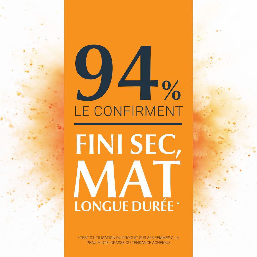 94% confirment: fini sec, mat, longue durée. Texte sur fond orange.