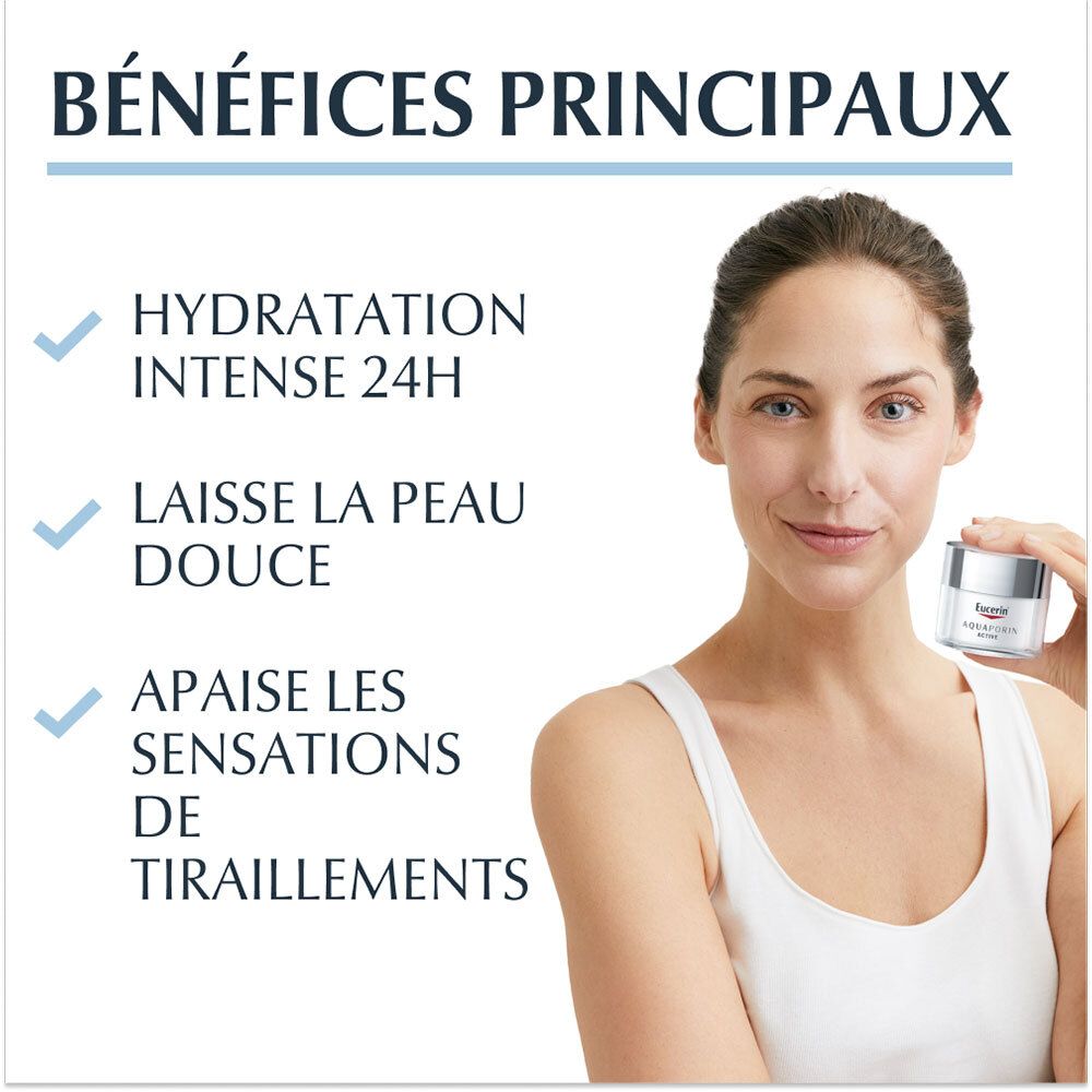 Femme tenant un pot de crème. Texte : Hydratation intense 24h, Laisse la peau douce, Apaise les sensations de tiraillements.