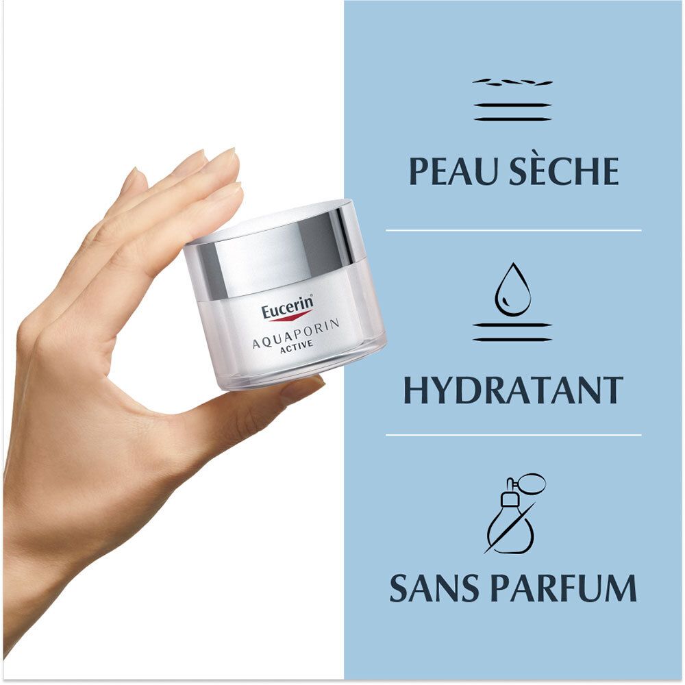 Main tenant un pot de crème. Texte : Peau Seche, Hydratant, Sans parfum.