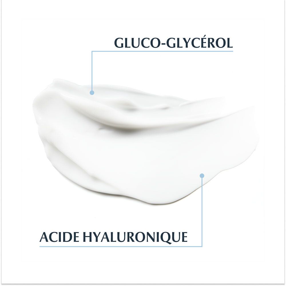 Gros plan sur une texture de crème. Texte : Gluco-Glycerol, Acide Hyaluronique.