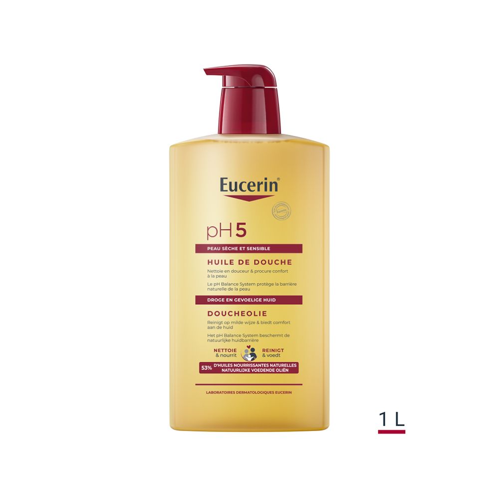 Eucerin pH5 Duschöl, Flasche mit rotem Pumpverschluss. 1L-Markierung.