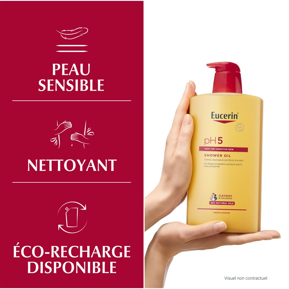Hand hält Eucerin pH5 Duschöl-Flasche. Merkmale: sensible Haut, Reinigung, Öko-Nachfüllung.