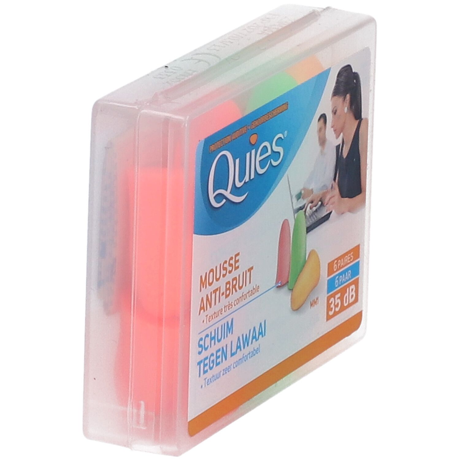 Protections auditives QUIES dans un emballage transparent. Bouchons d'oreille orange, rose et vert visibles. 6 paires, 35 dB.