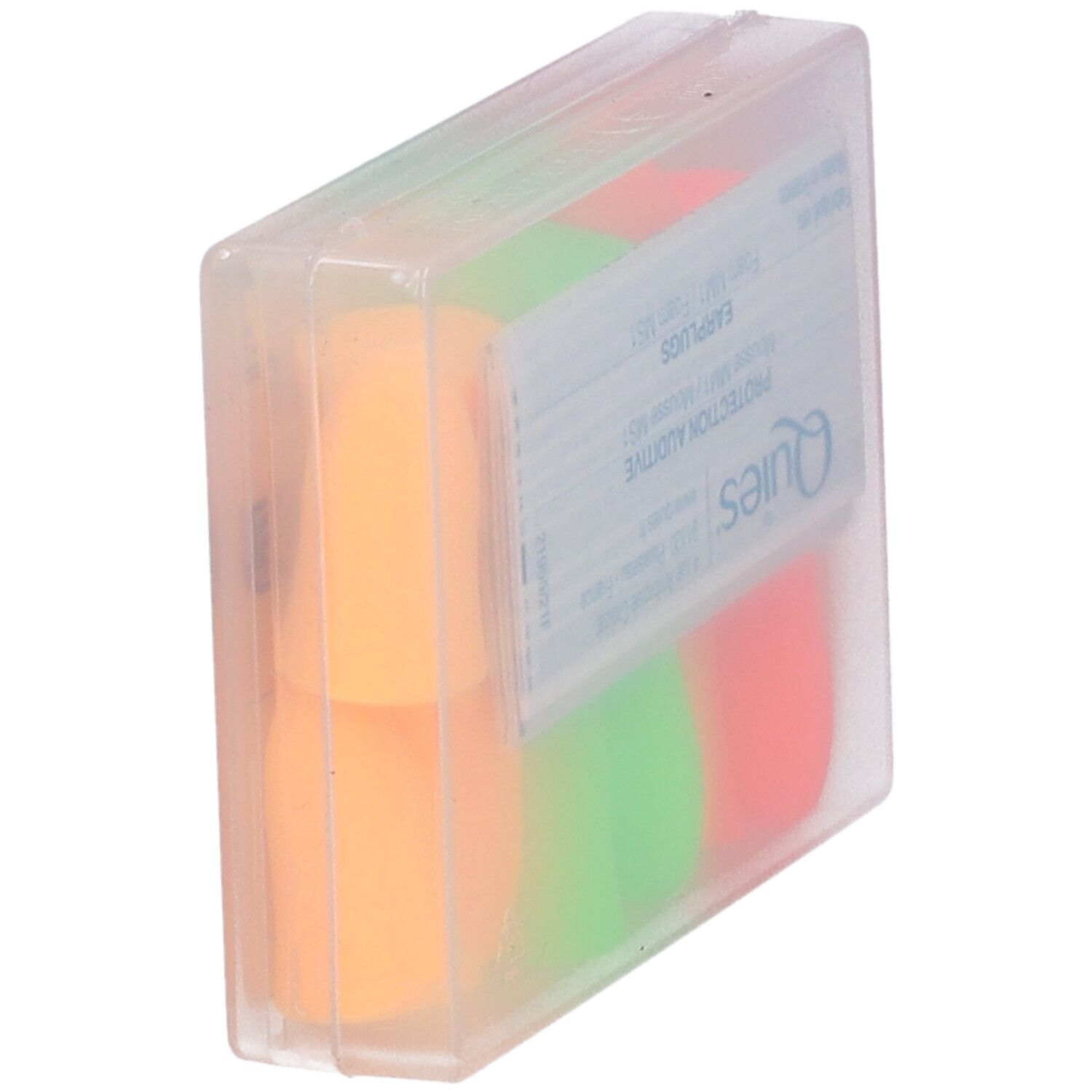 Protections auditives QUIES dans un emballage transparent. Bouchons d'oreille orange, verts et roses visibles. Inscriptions en français.