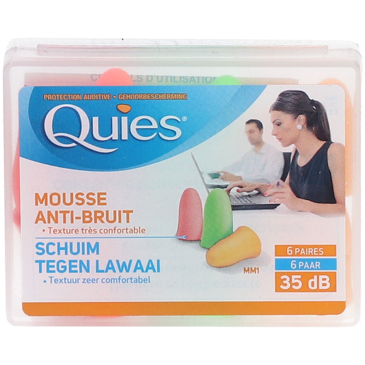 Boîte transparente de protections auditives QUIES en mousse. 6 paires, 35 dB. Inscriptions en français et néerlandais.