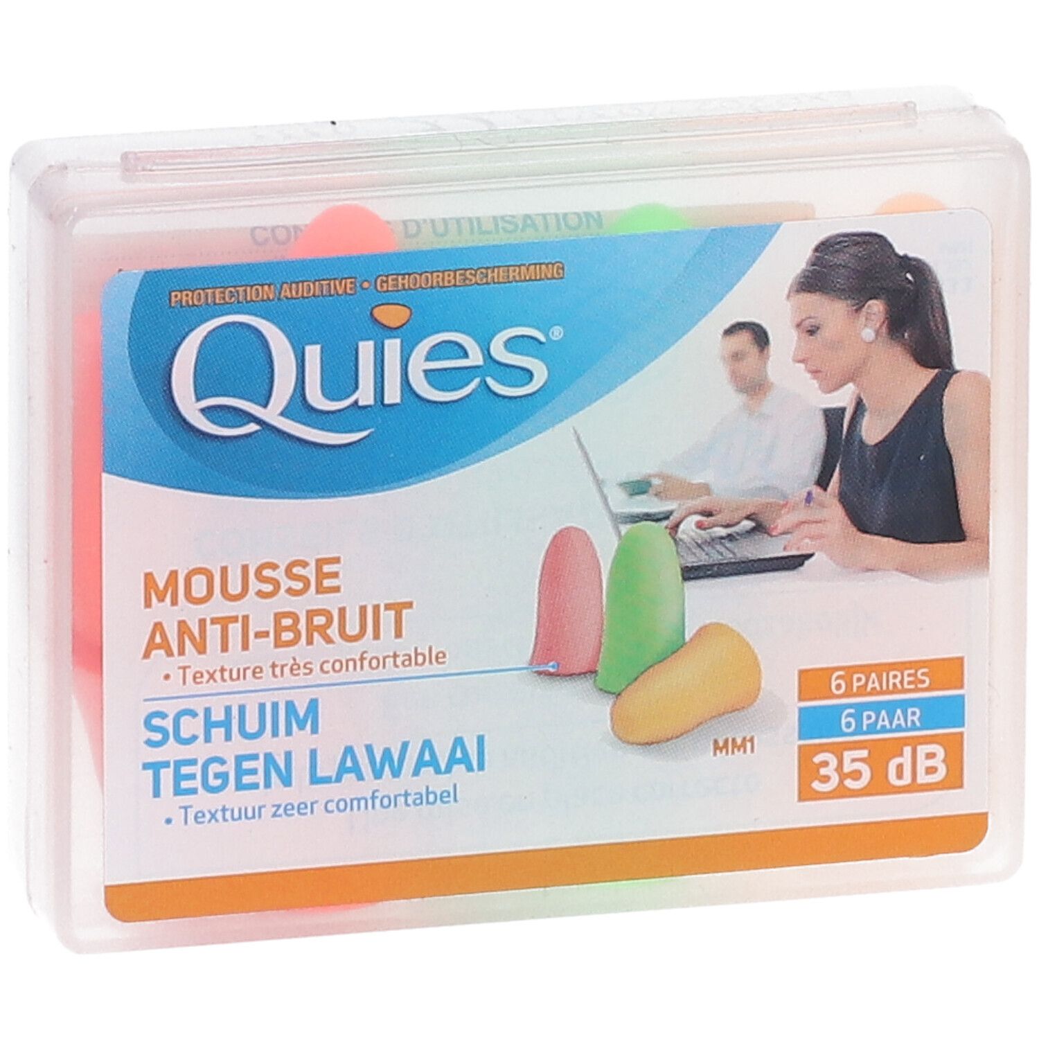 Boîte transparente de protections auditives QUIES en mousse. 6 paires, 35 dB. Inscriptions en français et néerlandais.