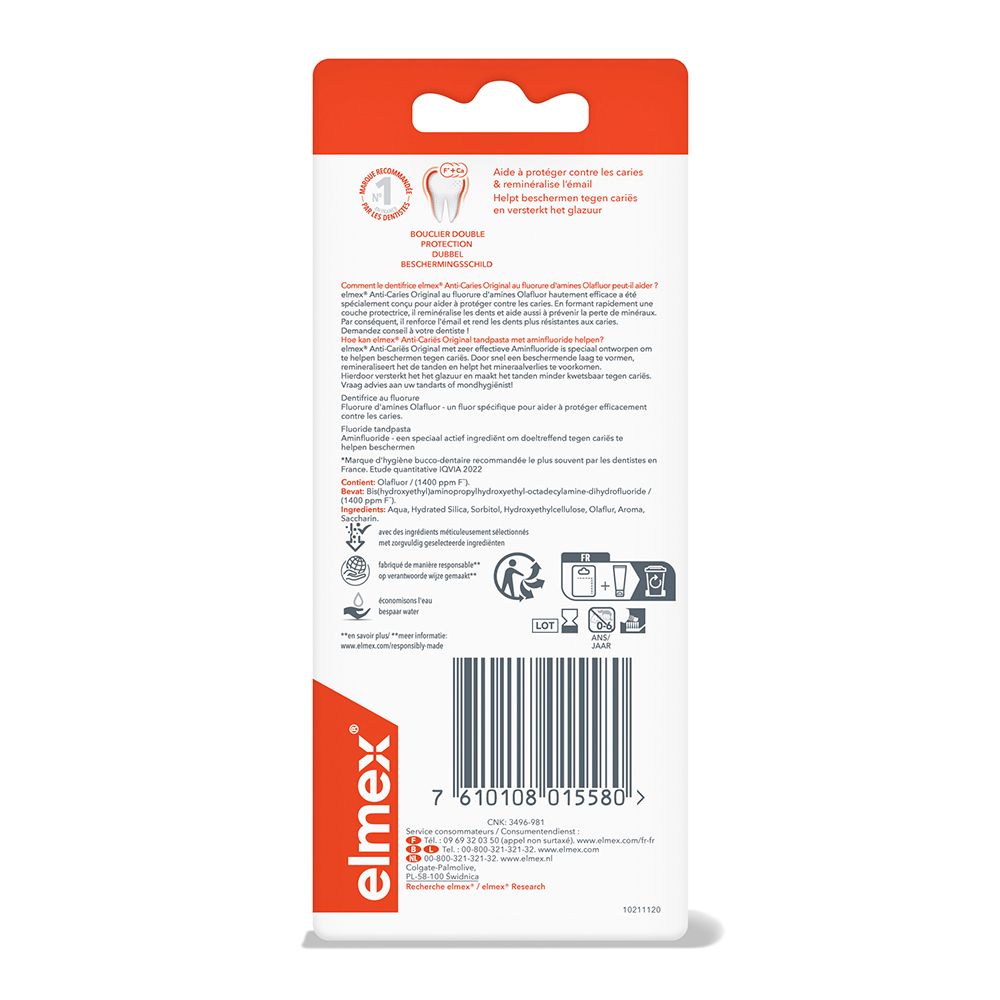 Rückseite der Blisterverpackung mit Informationen. Text in mehreren Sprachen. Elmex-Logo und Anti-Karies-Hinweis.