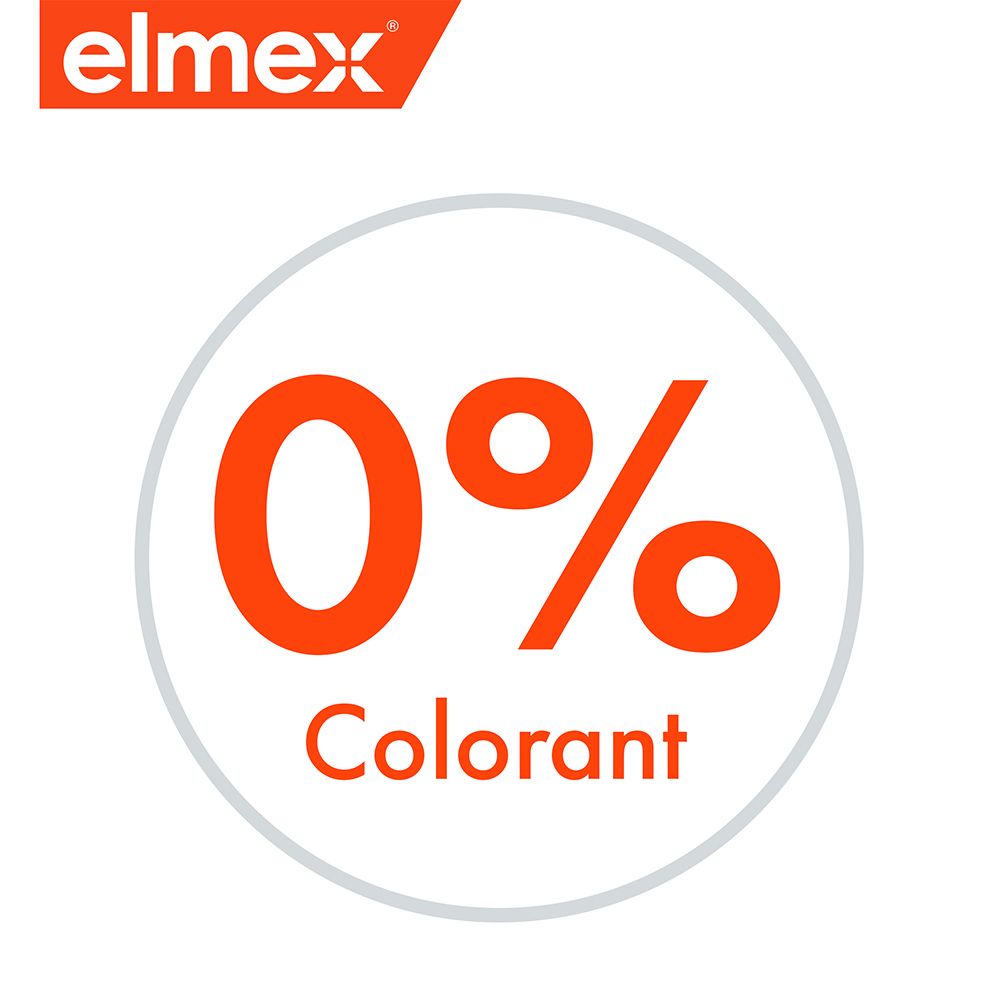 Rundes Symbol mit der Aufschrift '0% Colorant' in Orange auf weißem Grund. Elmex-Logo oben links.