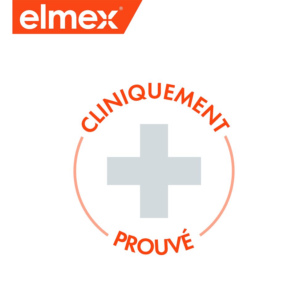 Rundes Symbol mit einem weißen Kreuz und der Aufschrift 'Cliniquement Prouvé' in Orange. Elmex-Logo oben links.