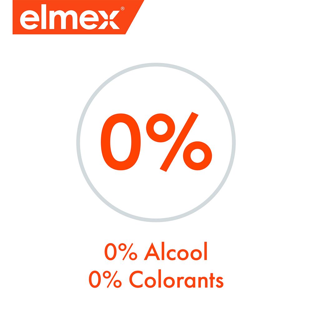 Rundes Symbol mit der Aufschrift '0% Alcool 0% Colorants' in Orange. Elmex-Logo oben links.
