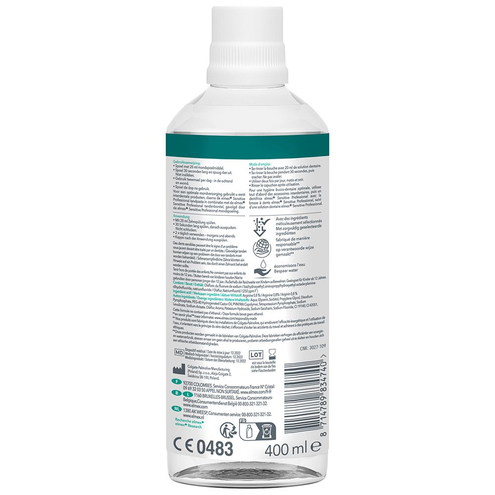Rückseite der Elmex Sensitive Professional Mundspülung. Enthält Informationen und Symbole. 400 ml.