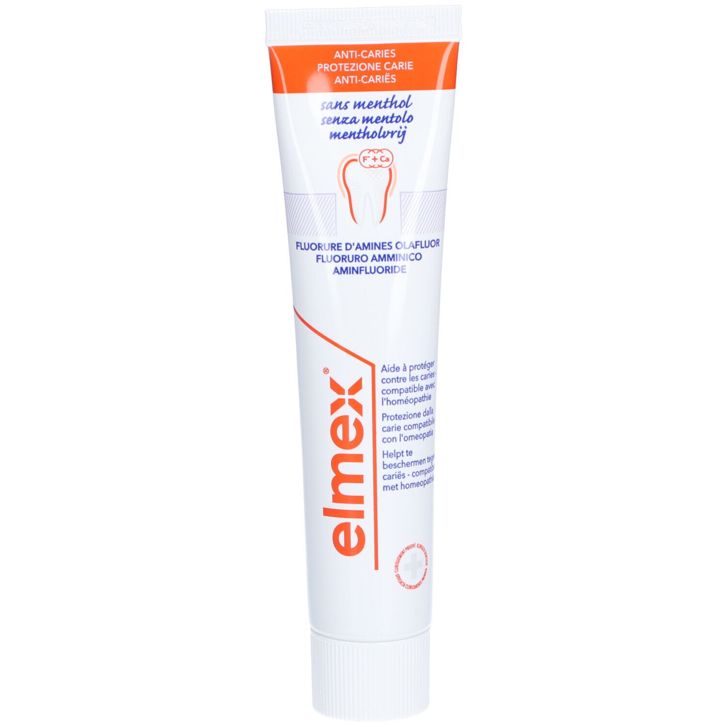 Zahncreme-Tube, weiß mit orangefarbenem Deckel. Text: elmex, Anti-Karies, sans menthol, ohne Menthol. Mit Zahn-Symbol.