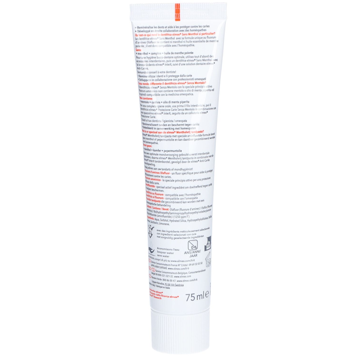 Rückseite der Zahncreme-Tube. Text in mehreren Sprachen. Enthält Informationen über Inhaltsstoffe und Anwendung.