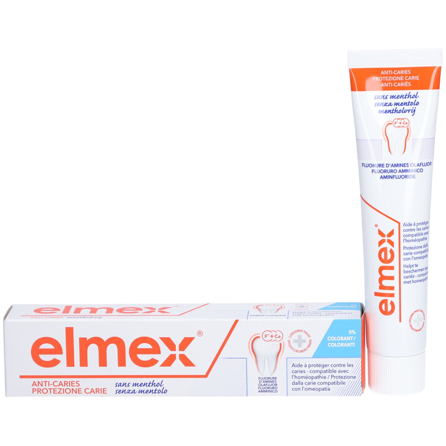 Zahncreme-Tube und Schachtel. Tube weiß, Schachtel weiß/rot. Text: elmex, Anti-Karies, sans menthol. Mit Zahn-Symbol.