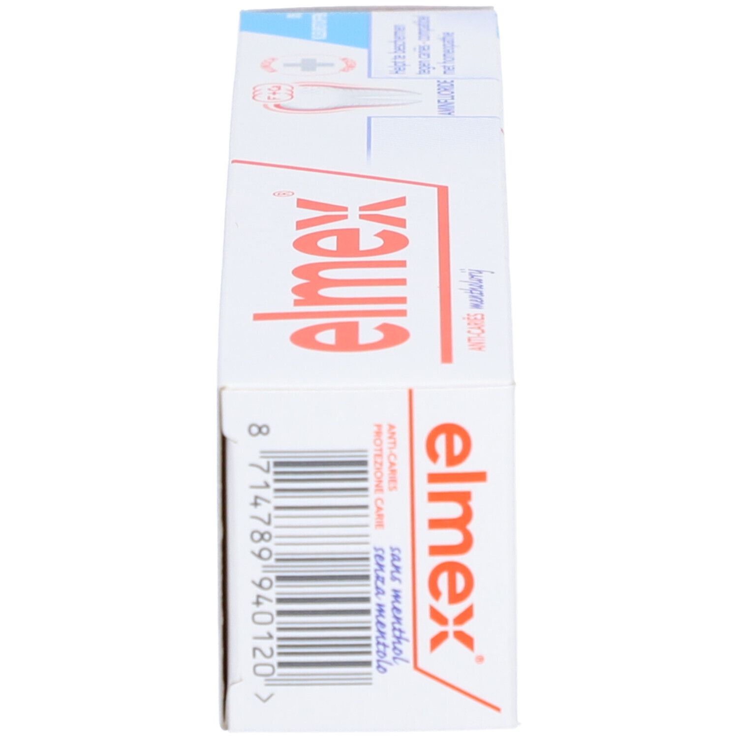 Zahncreme-Schachtel, Seitenansicht. Text: elmex, Anti-Karies, sans menthol. Mit Barcode und Produktinformationen.