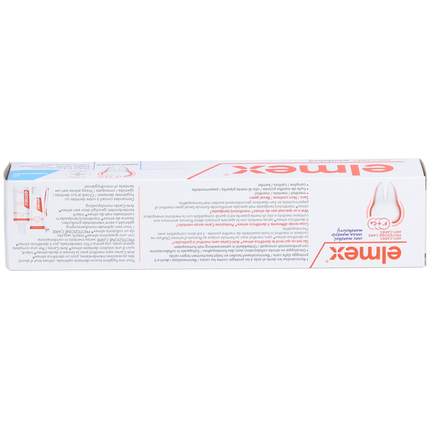 Zahncreme-Schachtel, Rückseite. Text in mehreren Sprachen. Enthält Produktinformationen und Inhaltsstoffe.