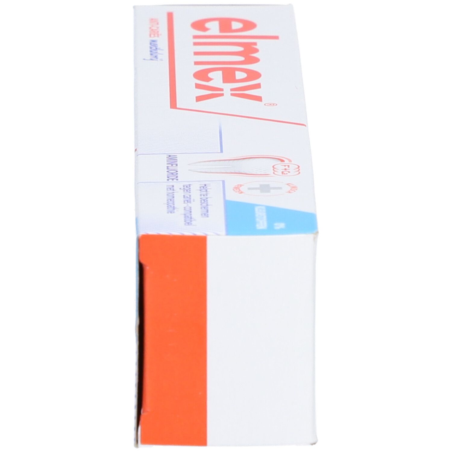 Zahncreme-Schachtel, Seitenansicht. Text: elmex, Anti-Karies, sans menthol. Mit Produktinformationen.