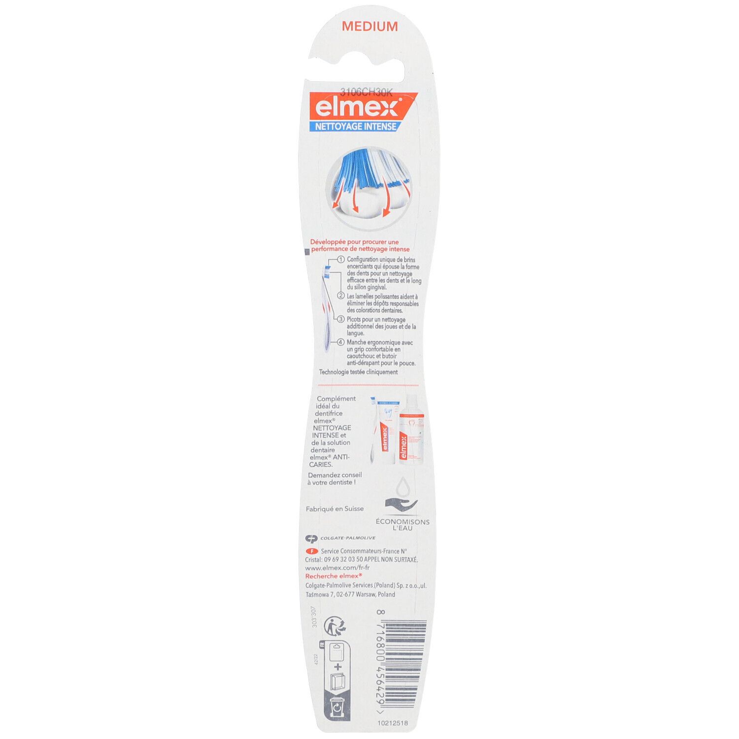 Rückseite der Zahnbürstenverpackung. Enthält Text und Illustrationen zur Produktbeschreibung und Anwendung.