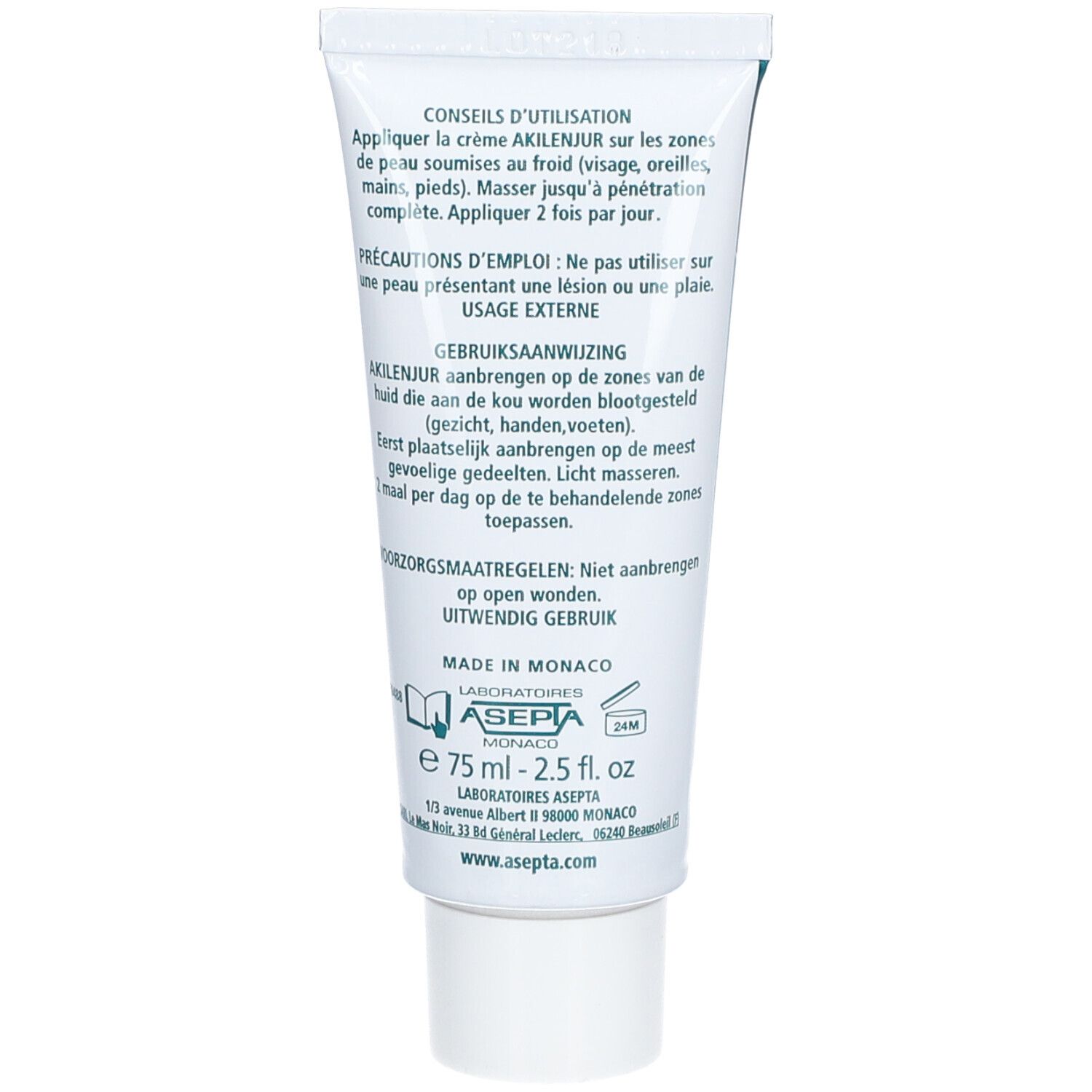 Dos du tube de crème. Texte: Conseils d'utilisation, précautions d'emploi, mode d'emploi. Fabricant: ASEPTA, Monaco. Volume: 75 ml.