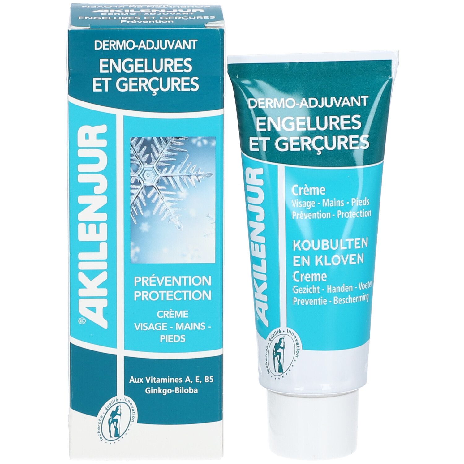 Emballage et tube. Emballage: bleu et blanc, inscription: Akileïne, Dermo-adjuvant, Engelures et Gerçures. Crème visage, mains, pieds.