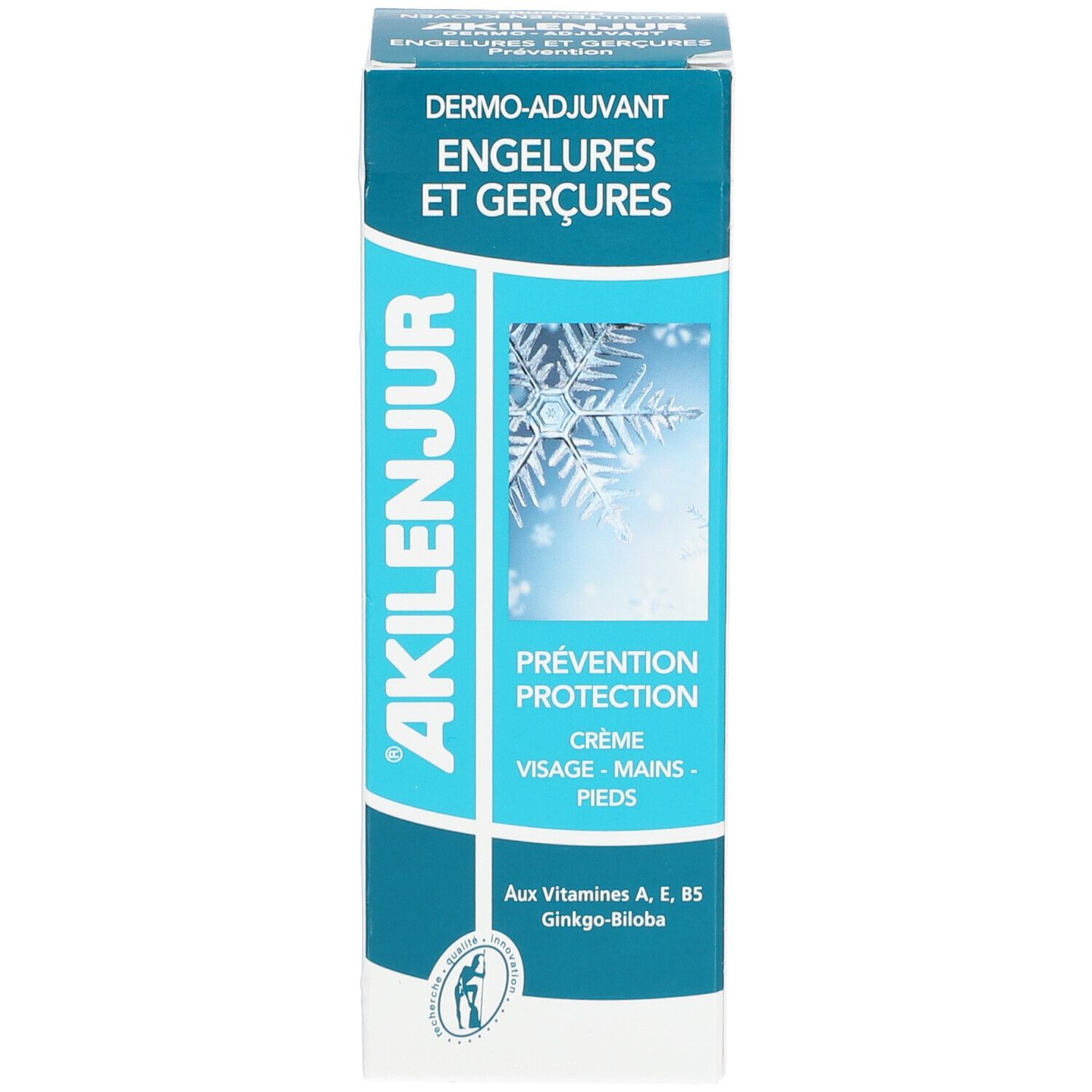Emballage du produit, bleu et blanc. Inscription: Akileïne, Dermo-adjuvant, Engelures et Gerçures. Crème visage, mains, pieds. Avec logo et ingrédients.