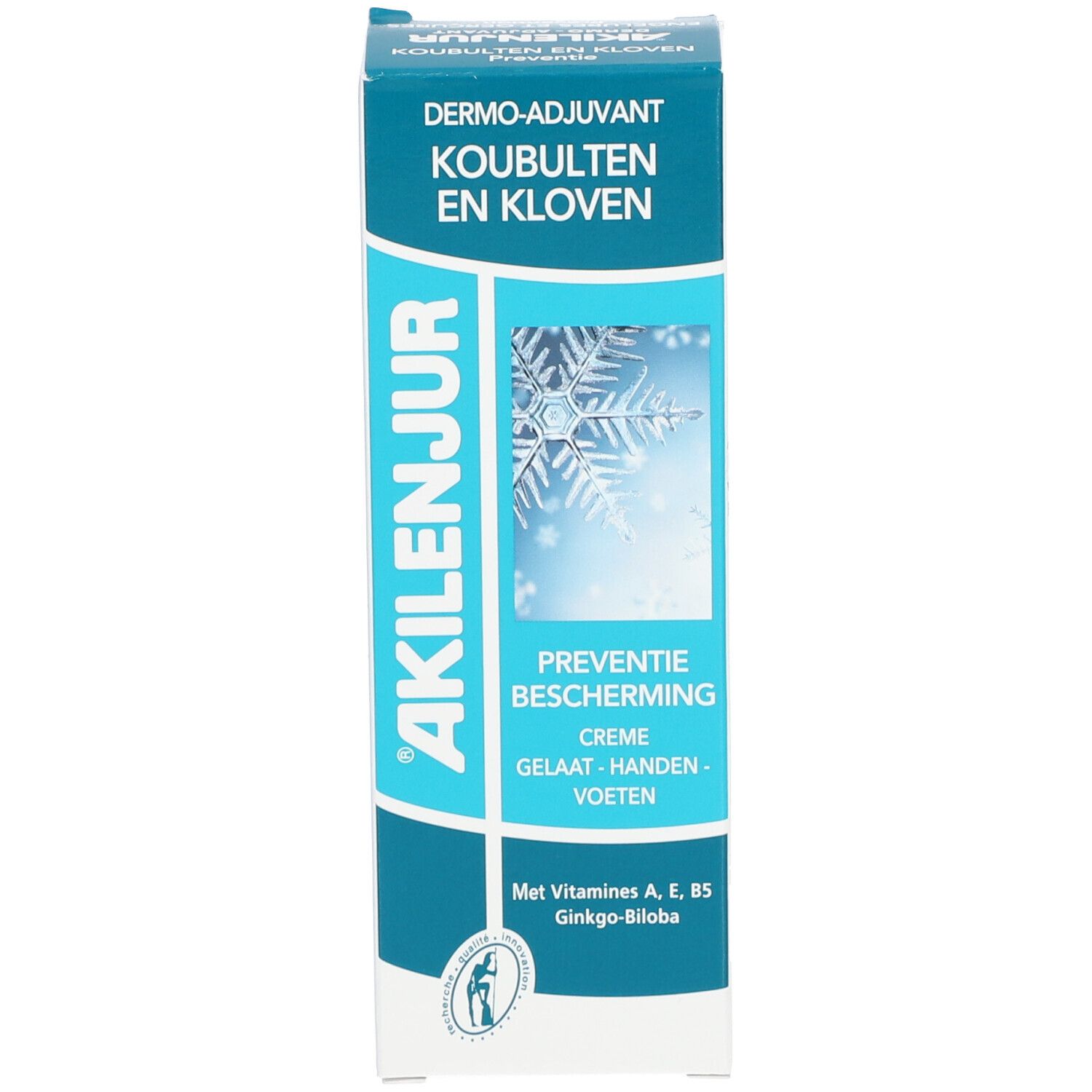 Emballage du produit, bleu et blanc. Inscription: Akileïne, Dermo-adjuvant, Koubluten en Kloven. Crème visage, mains, pieds. Avec logo.