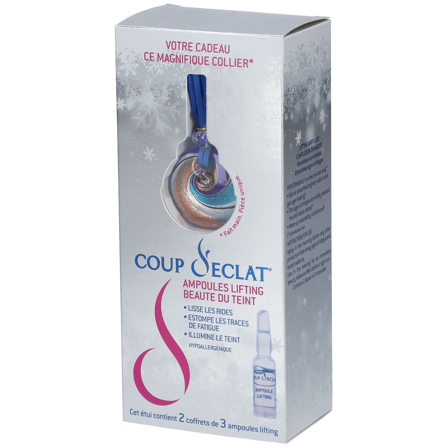 Verpackung mit Ampullen. Aufschrift: COUP d'ECLAT® Ampoules Lifting Beauté du teint. Enthält 2 Schachteln mit je 3 Ampullen.