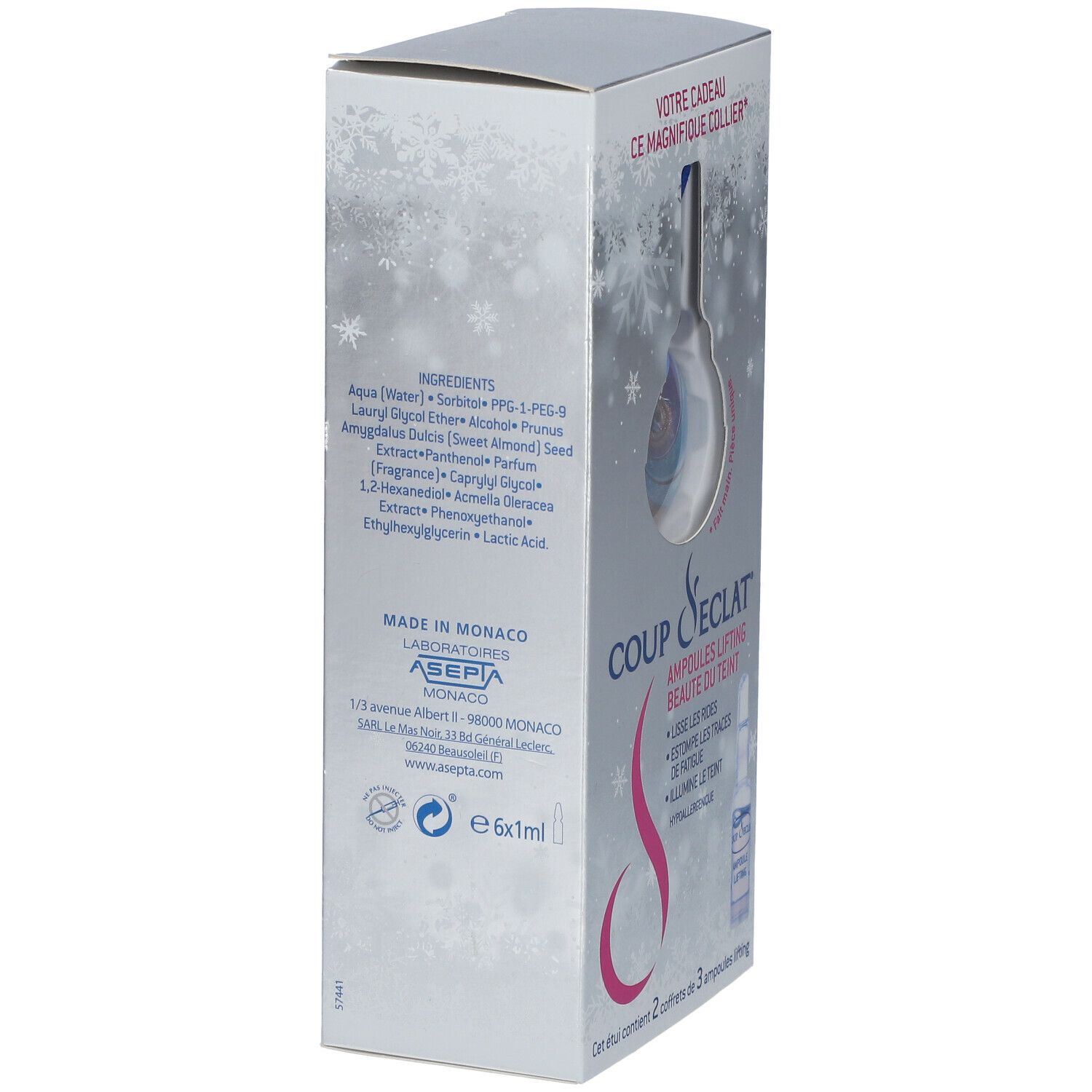 Seitenansicht der Produktverpackung. Enthält Inhaltsstoffe und Herstellerinformationen. Aufschrift: COUP d'ECLAT® Ampoules Lifting Beauté du teint.