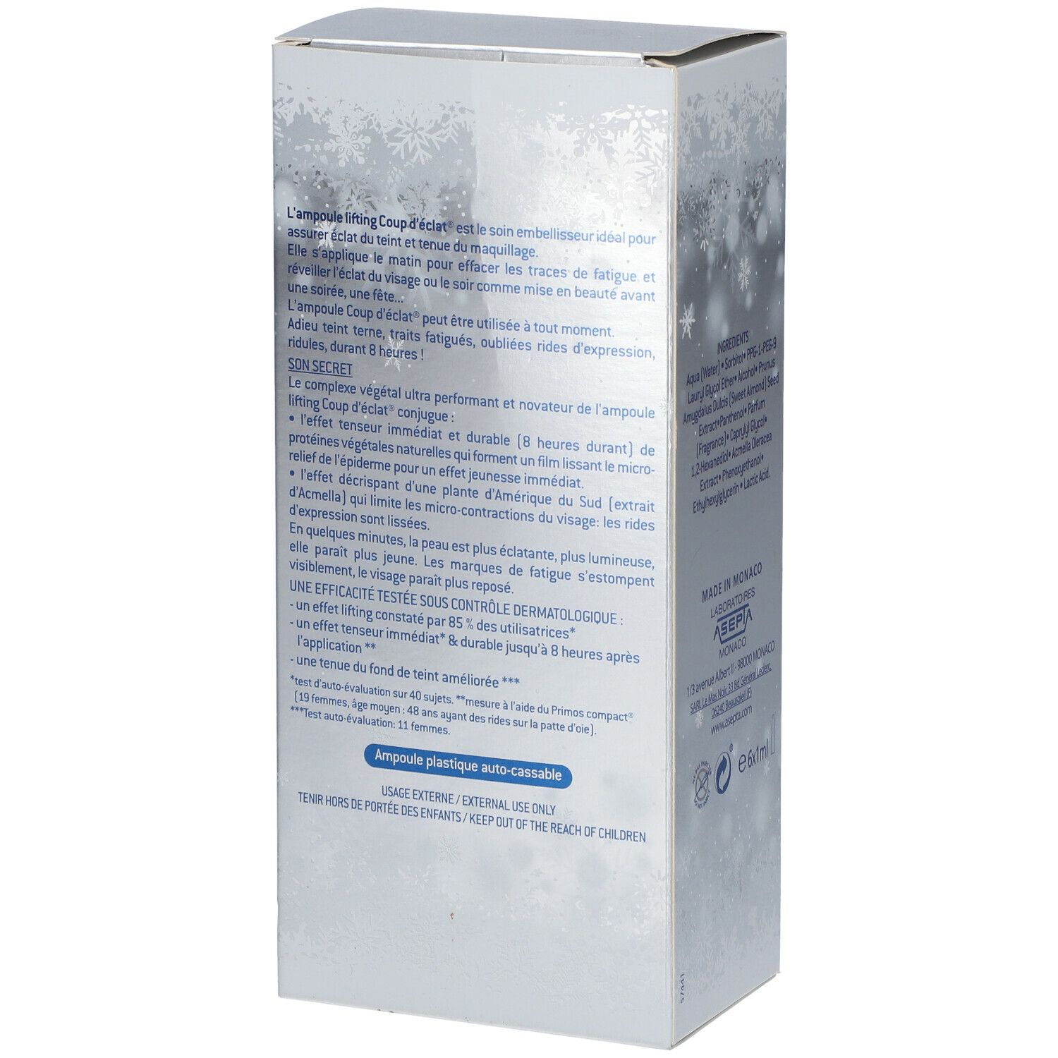 Rückseite der Produktverpackung. Textinformationen über das Produkt. Aufschrift: COUP d'ECLAT® Ampoules Lifting Beauté du teint.