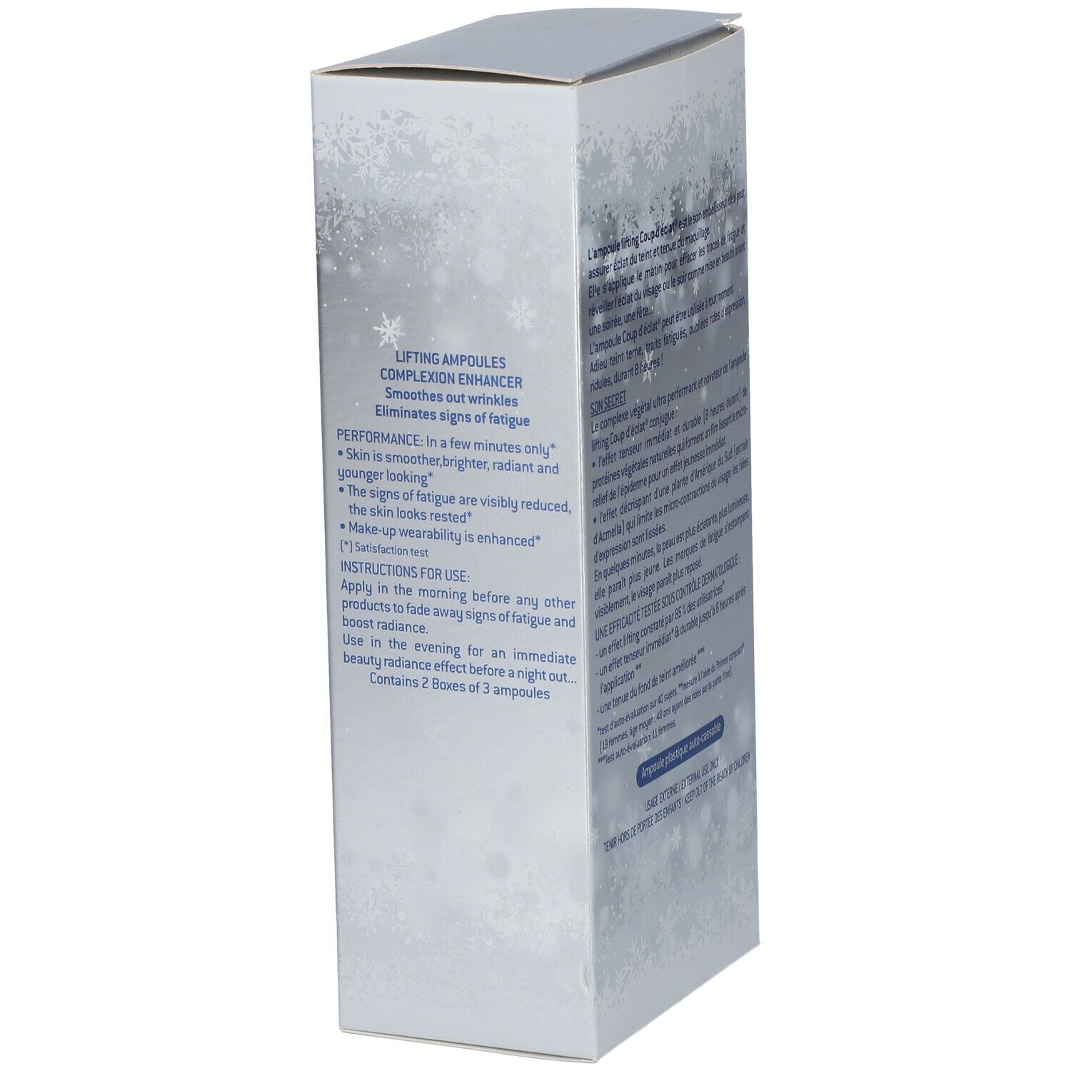 Seitenansicht der Produktverpackung. Textinformationen über das Produkt. Aufschrift: Lifting Ampoules Complexion Enhancer.