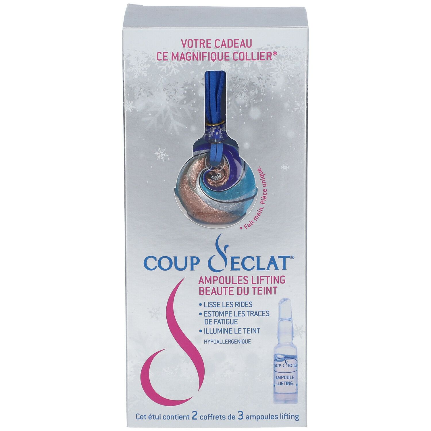 Produktverpackung mit Ampullen. Aufschrift: COUP d'ECLAT® Ampoules Lifting Beauté du teint. Enthält 2 Schachteln mit je 3 Ampullen.