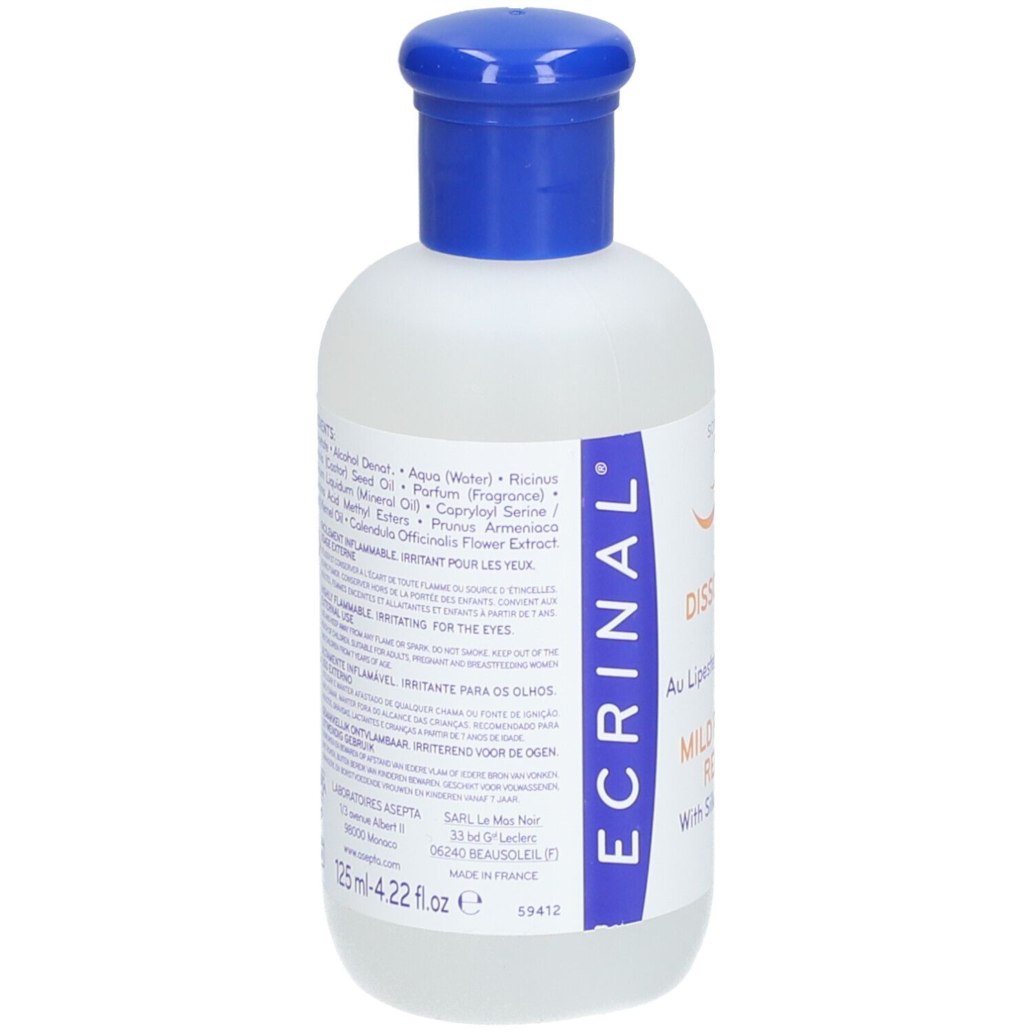 Flasche mit blauem Verschluss. Aufschrift: ECRINAL, Inhaltsstoffe, 125 ml, 4.22 fl oz.