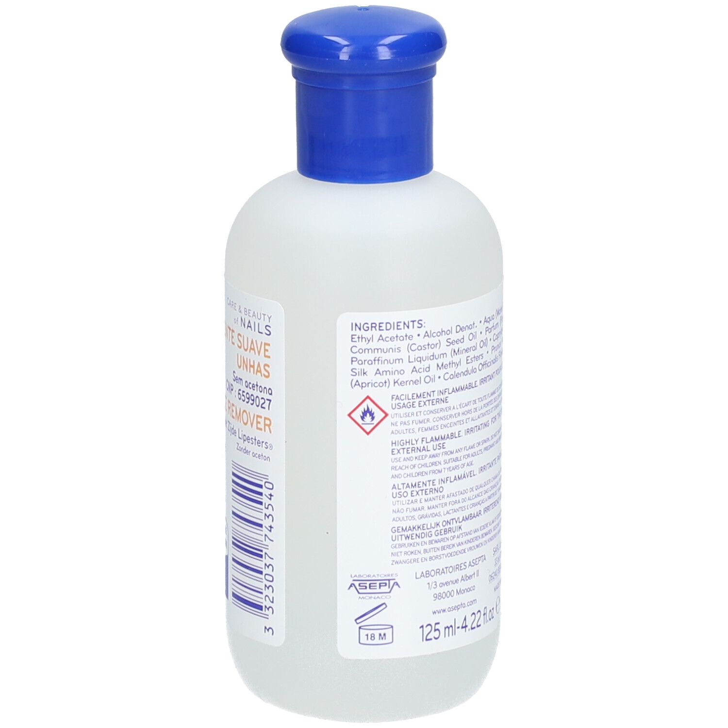 Flasche mit blauem Verschluss. Aufschrift: Inhaltsstoffe, 125 ml, 4.22 fl oz. Gefahrensymbol: leicht entzündlich.