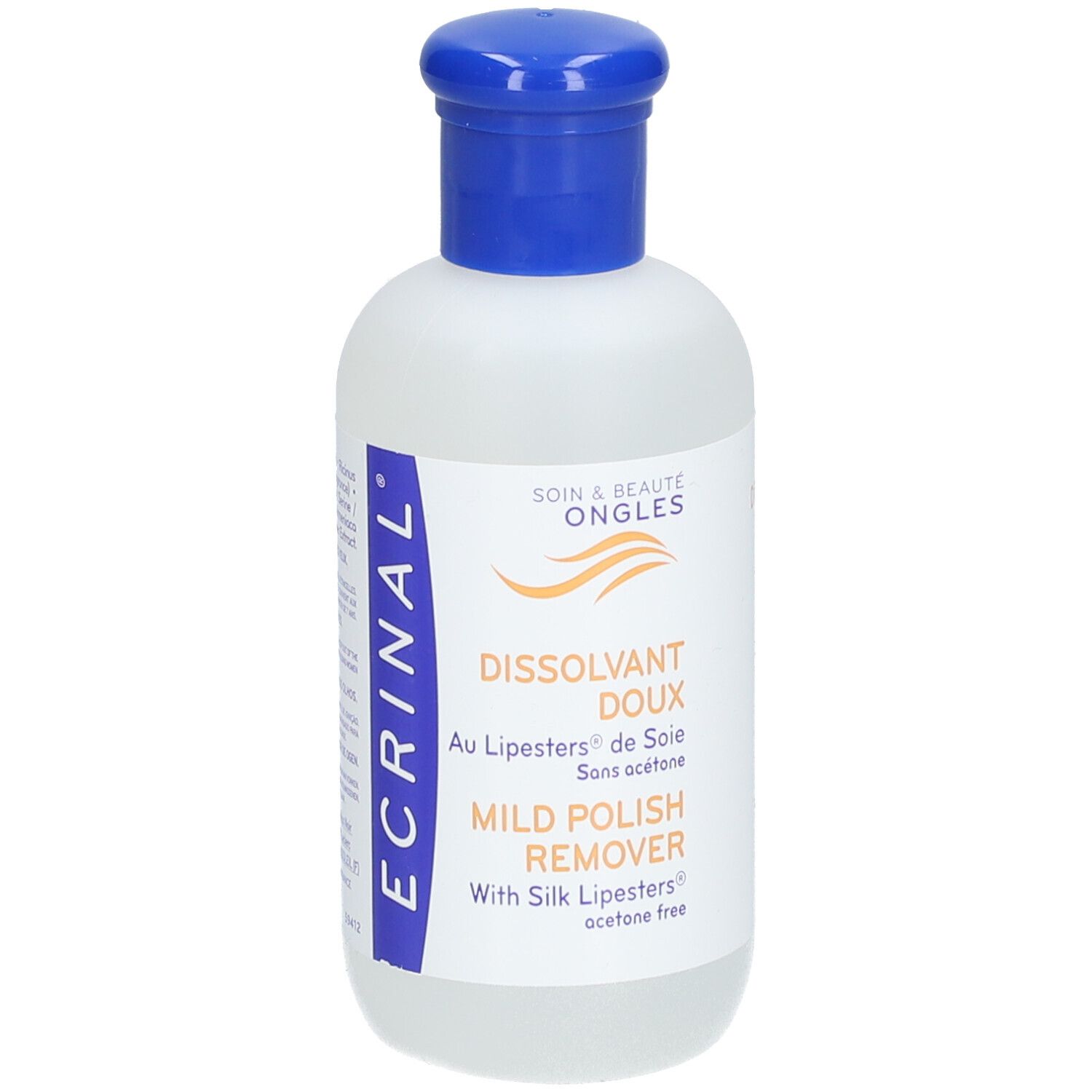 Flasche mit blauem Verschluss. Aufschrift: ECRINAL, DISSOLVANT DOUX, MILD POLISH REMOVER. Ohne Aceton.