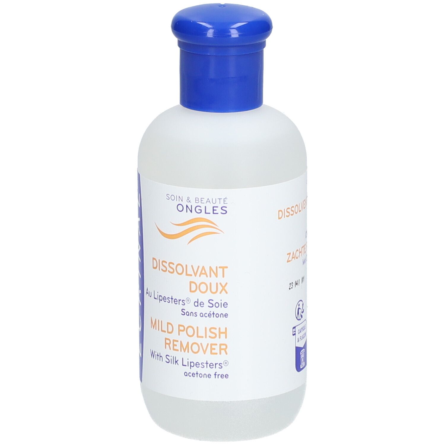 Flasche mit blauem Verschluss. Aufschrift: ECRINAL, DISSOLVANT DOUX, MILD POLISH REMOVER. 25 ml.