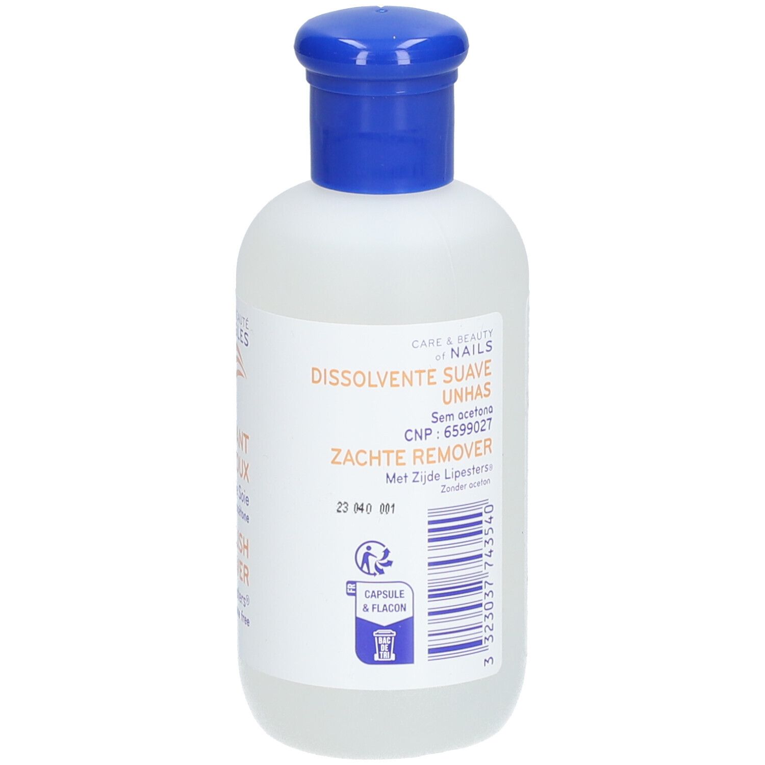 Flasche mit blauem Verschluss. Aufschrift: DISSOLVENTE SUAVE UNHAS, ZACHTE REMOVER. CNP: 6599027.