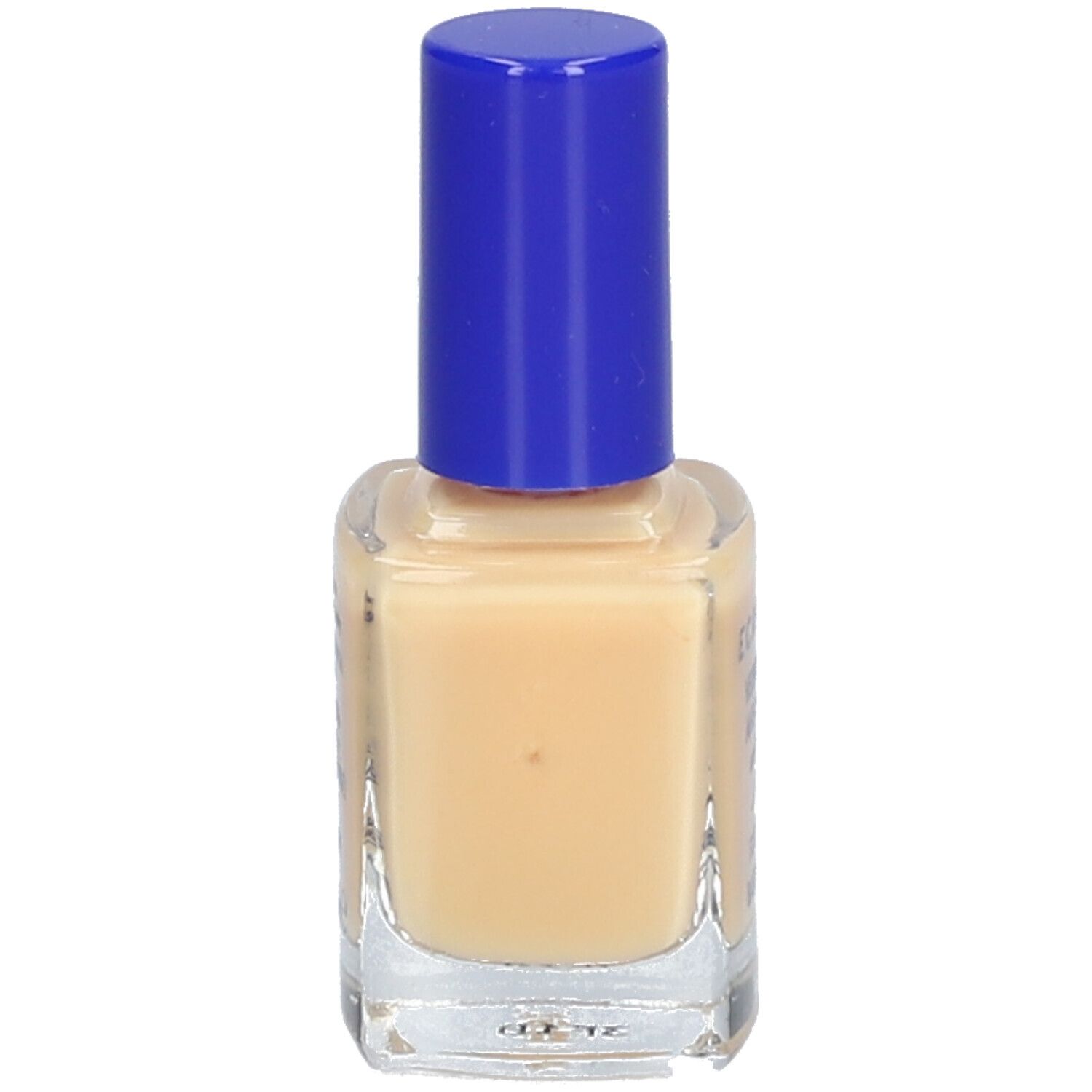 Nagellackflasche mit blauem Deckel. Beige Flüssigkeit im Glas.