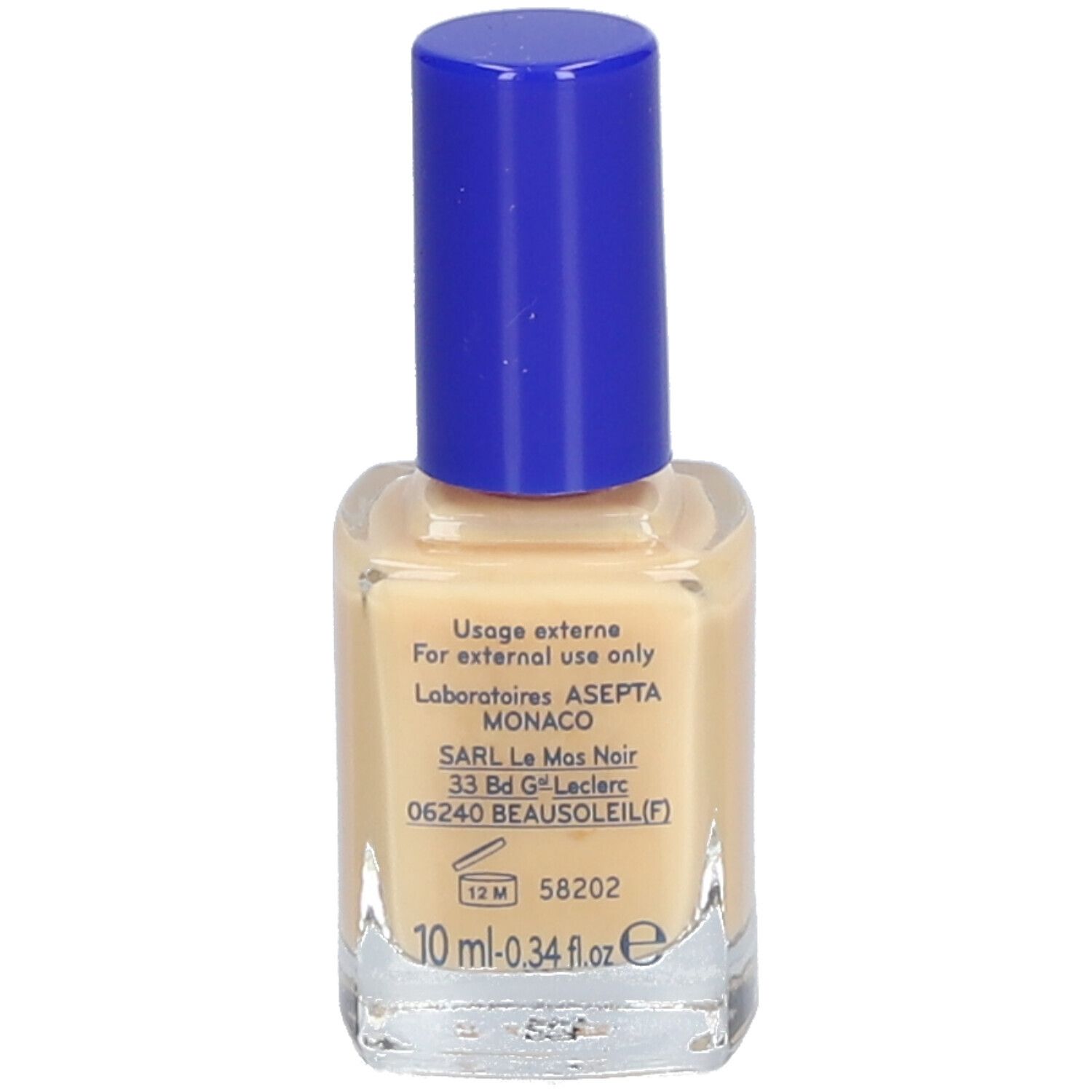 Nagellackflasche mit blauem Deckel. Aufschrift: 10 ml, Laboratoires ASEPTA MONACO.