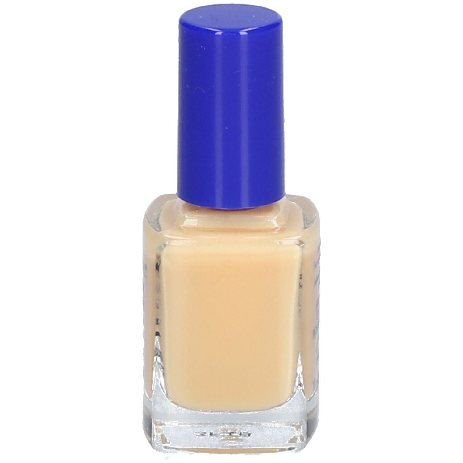 Nagellackflasche mit blauem Deckel. Beige Flüssigkeit im Glas.