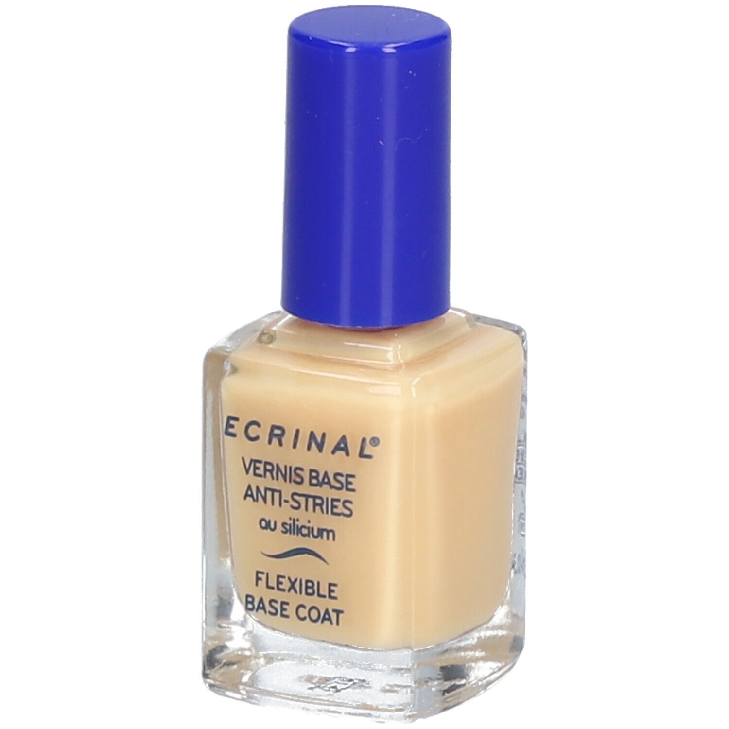 Nagellackflasche mit blauem Deckel. Aufschrift: ECRINAL, VERNI BASE ANTI-STRIES, FLEXIBLE BASE COAT.