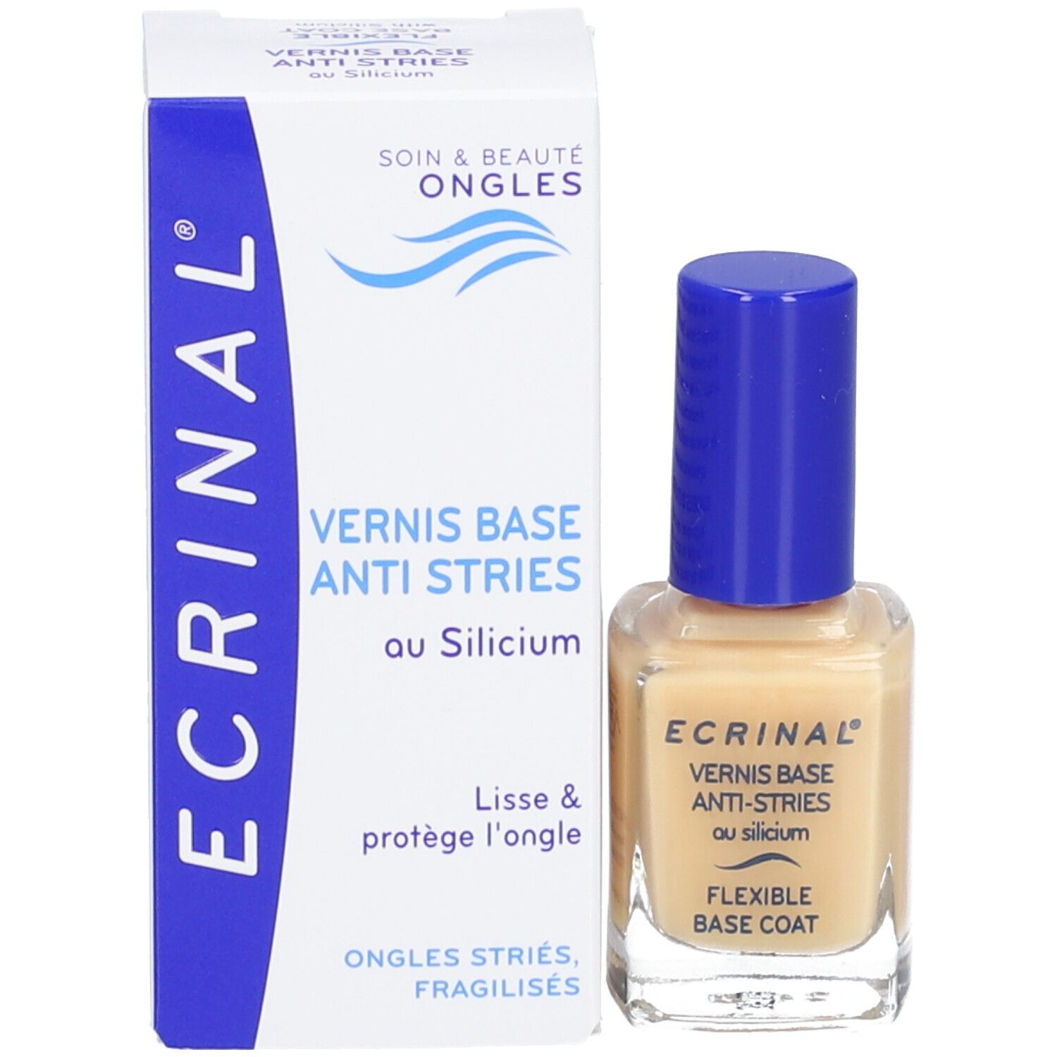 Nagellackflasche und Verpackung. Aufschrift: ECRINAL, VERNI BASE ANTI-STRIES, FLEXIBLE BASE COAT.