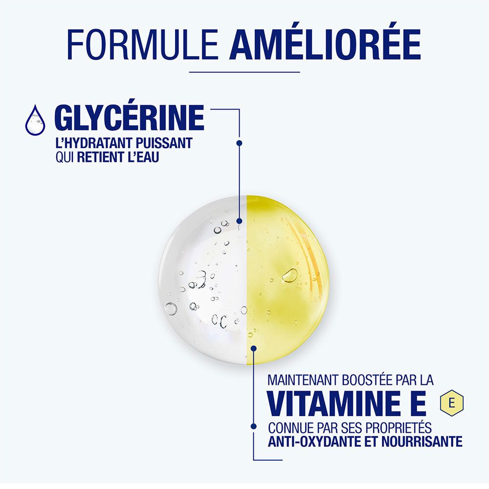 Nahaufnahme von Glycerin und Vitamin E. Beschriftung: Formule Améliorée. Glyzerin, Vitamin E.