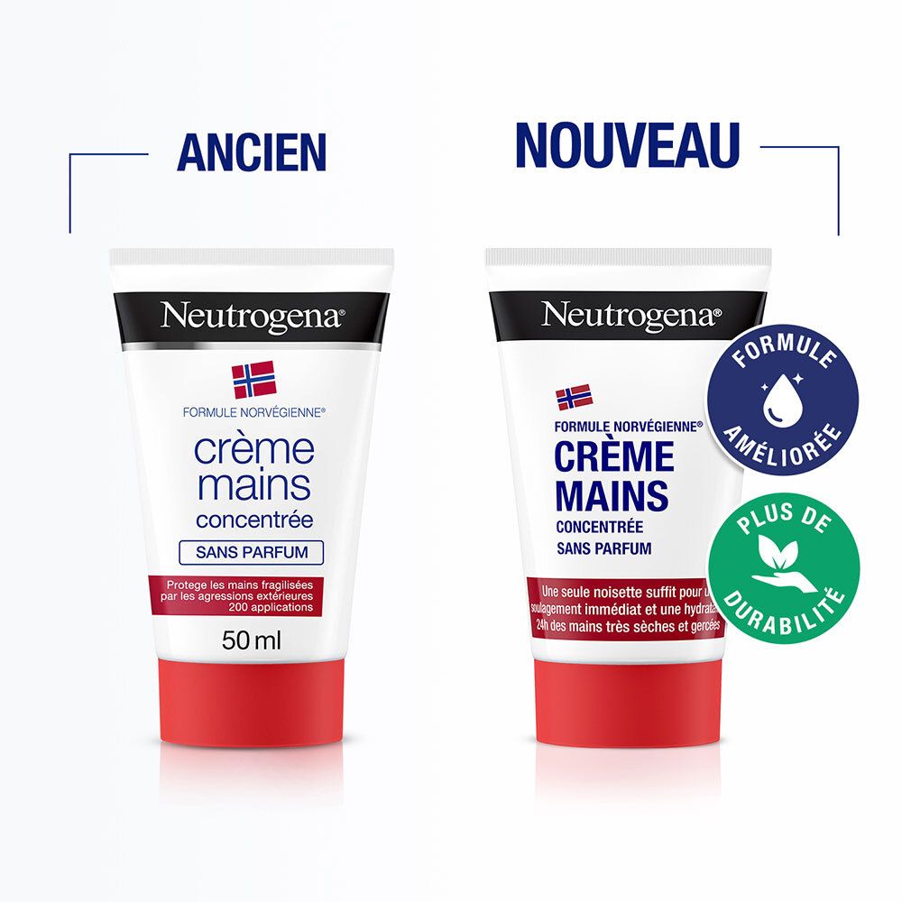 Vergleich: Alte und neue Verpackung. Beschriftung: Neutrogena, Crème Mains Concentrée Sans Parfum. 50 ml.