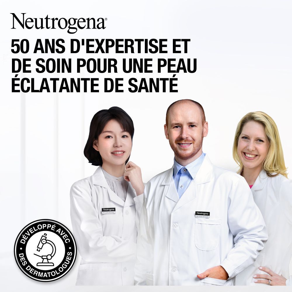 Drei Personen in weißen Kitteln. Beschriftung: Neutrogena, 50 Jahre Expertise und Pflege für gesunde Haut.