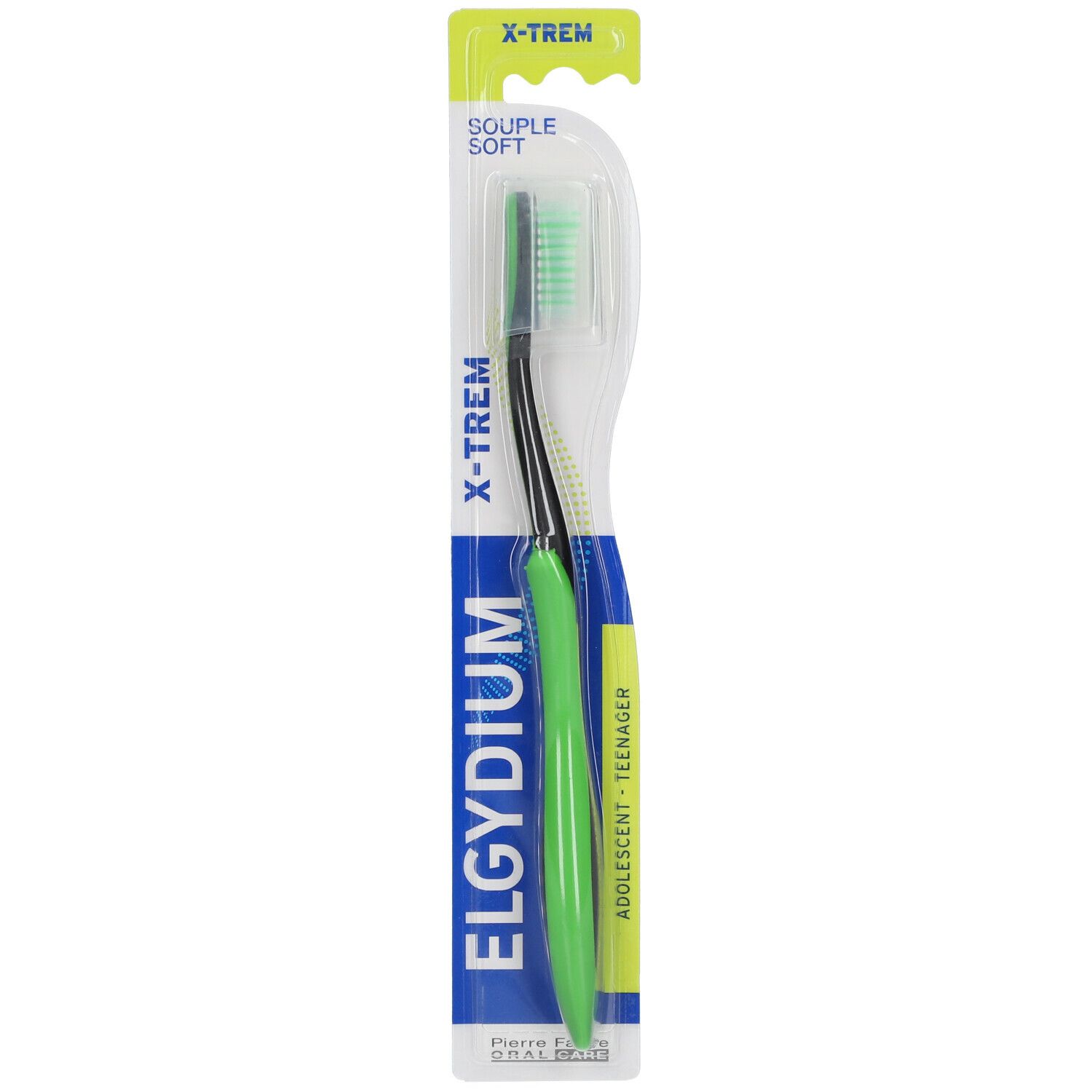 Brosse à dents verte et noire, emballage transparent. Inscription Elgydium X-Trem et indication 'adolescent'.