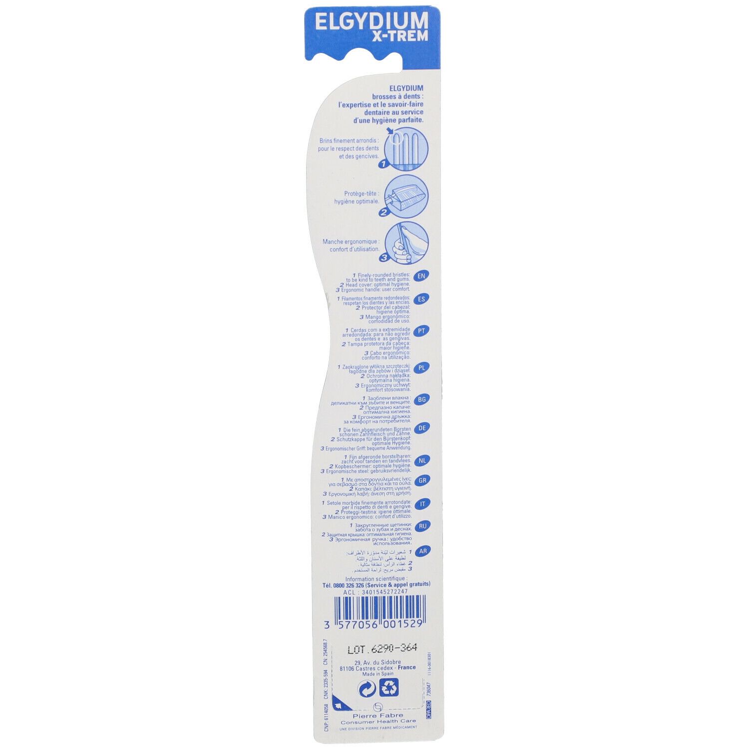 Dos de l'emballage de la brosse à dents. Contient des informations sur le produit, des illustrations et du texte.
