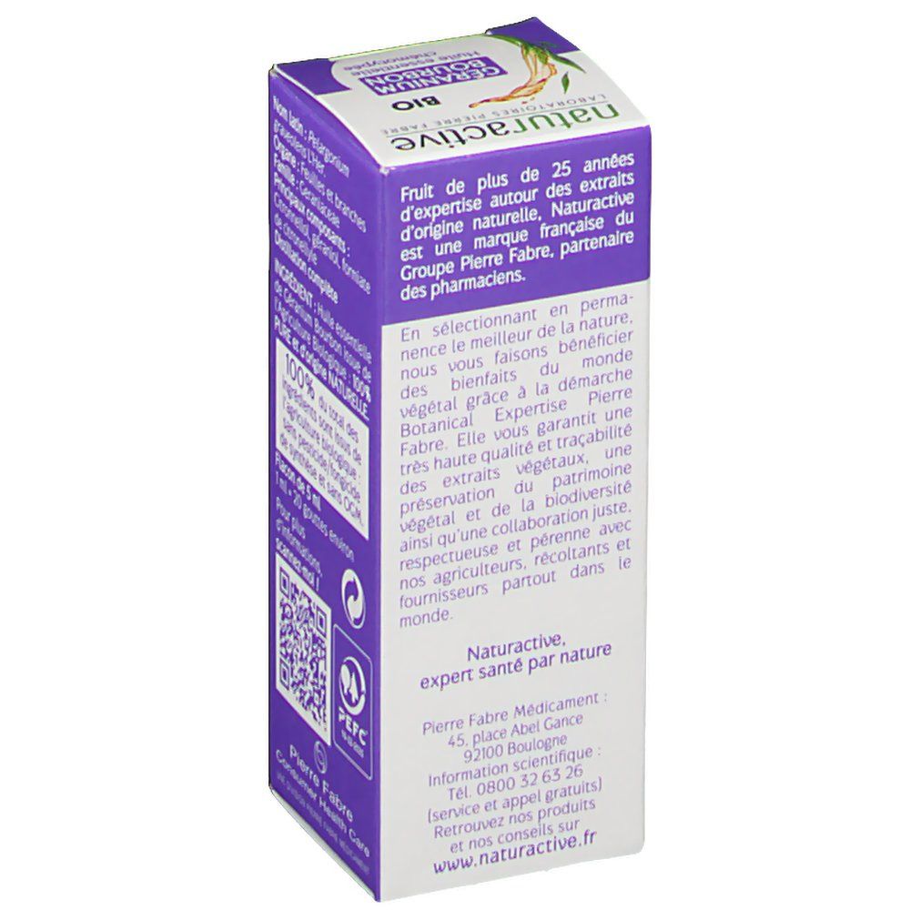 Verpackung mit Text. Aufschrift: Naturactive, Géranium Bourbon, BIO. Informationen über das Produkt und die Marke.